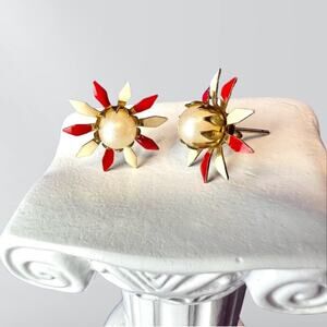 Vintage Red & Cream Metal & Faux Pearl Sunburst Earrings